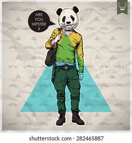 Poster in hipster style. Hand drawn illustration of fashion guy with animal head. Vector collection