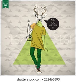 Poster in hipster style. Hand drawn illustration of fashion girl with animal head. Vector collection