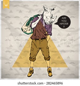 Poster in hipster style. Hand drawn illustration of fashion guy with animal head. Vector collection