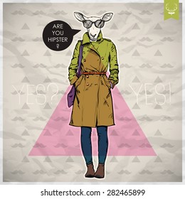 Poster in hipster style. Hand drawn illustration of fashion girl with animal head. Vector collection