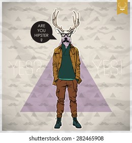 Poster in hipster style. Hand drawn illustration of fashion guy with animal head. Vector collection