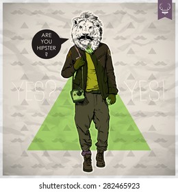 Poster in hipster style. Hand drawn illustration of fashion guy with animal head. Vector collection