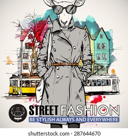 Poster in hipster style. Hand drawn illustration of fashion girl with animal head. Vector collection of a pretty fashion girl and old tram.