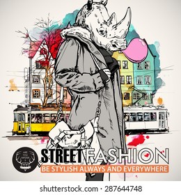Poster in hipster style. Hand drawn illustration of fashion girl with animal head. Vector collection of a pretty fashion girl and old tram.