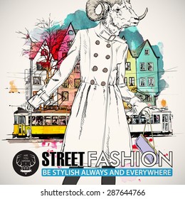 Poster in hipster style. Hand drawn illustration of fashion girl with animal head. Vector collection of a pretty fashion girl and old tram.