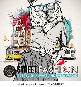 Poster in hipster style. Hand drawn illustration of fashion girl with animal head. Vector collection of a pretty fashion girl and old tram.