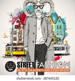 Poster in hipster style. Hand drawn illustration of fashion guy with animal head. Vector collection of a pretty fashion girl and old tram.