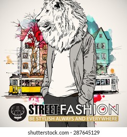 Poster in hipster style. Hand drawn illustration of fashion guy with animal head. Vector collection of a pretty fashion girl and old tram.