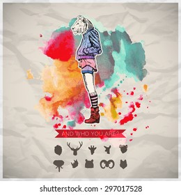 Poster in hipster style. Hand drawn illustration of fashion girl with animal head. Vector collection