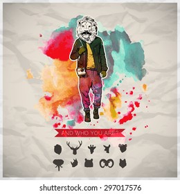 Poster in hipster style. Hand drawn illustration of fashion guy with animal head. Vector collection