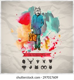 Poster in hipster style. Hand drawn illustration of fashion guy with animal head. Vector collection