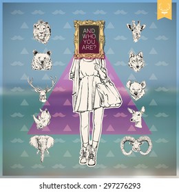 Poster in hipster style. Hand drawn illustration of fashion girl with animal head. Vector collection