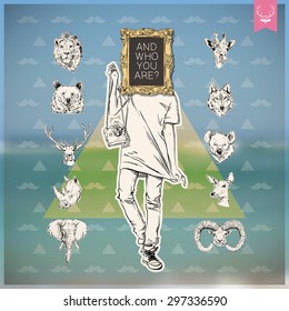 Poster in hipster style. Hand drawn illustration of fashion girl with animal head. Vector collection