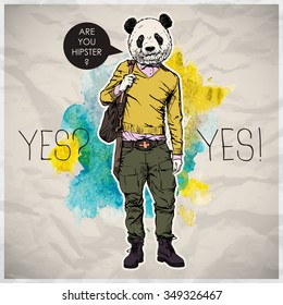 Poster in hipster style. Hand drawn illustration of fashion guy with animal head. Vector collection