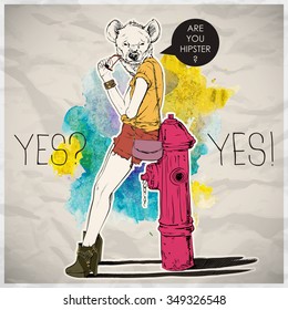 Poster in hipster style. Hand drawn illustration of fashion girl with animal head. Vector collection