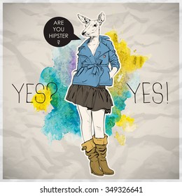 Poster in hipster style. Hand drawn illustration of fashion girl with animal head. Vector collection