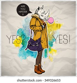 Poster in hipster style. Hand drawn illustration of fashion girl with animal head. Vector collection