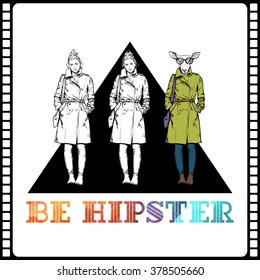 Poster in hipster style. Hand drawn illustration of fashion girl with animal head. Vector collection