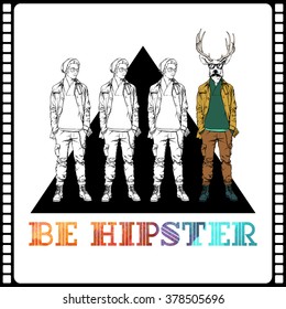 Poster in hipster style. Hand drawn illustration of fashion guy with animal head. Vector collection