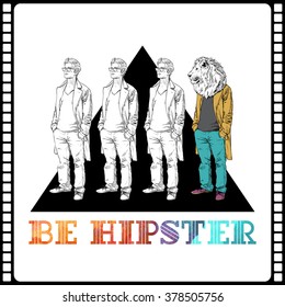 Poster in hipster style. Hand drawn illustration of fashion guy with animal head. Vector collection