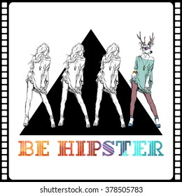 Poster in hipster style. Hand drawn illustration of fashion girl with animal head. Vector collection