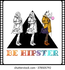 Poster in hipster style. Hand drawn illustration of fashion girl with animal head. Vector collection