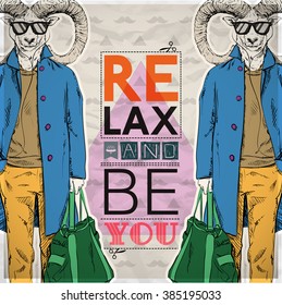 Poster in hipster style. Hand drawn illustration of fashion guy with animal head. Vector collection