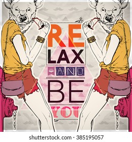 Poster in hipster style. Hand drawn illustration of fashion girl with animal head. Vector collection