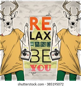 Poster in hipster style. Hand drawn illustration of fashion girl with animal head. Vector collection
