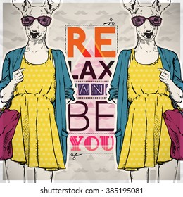 Poster in hipster style. Hand drawn illustration of fashion girl with animal head. Vector collection