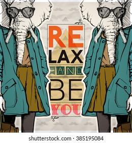 Poster in hipster style. Hand drawn illustration of fashion girl with animal head. Vector collection