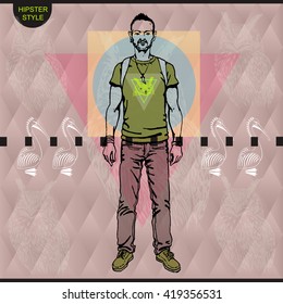 Poster in hipster style. Hand drawn illustration of fashion guy travel animal birds on triangle designe. vector