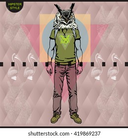Poster in hipster style. Hand drawn illustration of fashion guy travel animal birds on triangle designe. owl