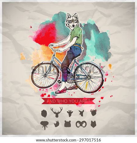 Poster in hipster style. Hand drawn illustration of fashion girl with animal head. Vector collection