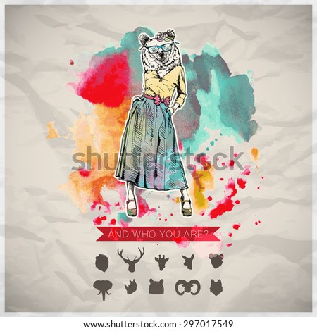 Poster in hipster style. Hand drawn illustration of fashion girl with animal head. Vector collection