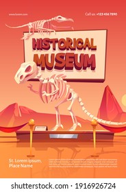 Poster of historical museum with dinosaur skeletons. Vector cartoon illustration of prehistoric exhibits, fossil extinct animals and archaeology finds. Flyer template of exhibition