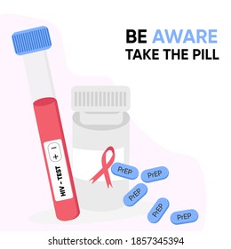 Poster With A HIV Test Tube, Pills Bottle, Prep And Inscription Be Aware, Take The Pill. Vector Illustration, Prevention, Poster, HIV, AIDS, Contraception, Web