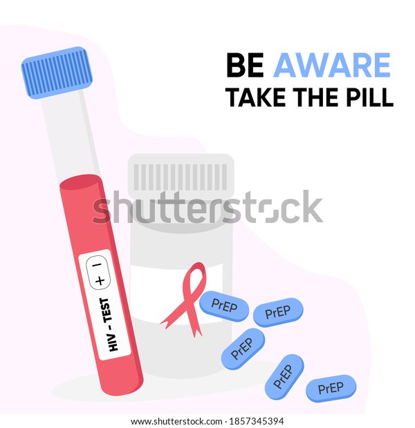 Poster with a HIV test tube, pills\
bottle, prep and inscription Be Aware, take the pill. Vector\
illustration, prevention, poster, HIV, AIDS, contraception,\
web