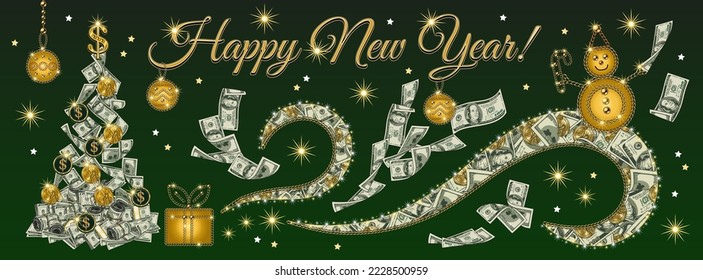 Poster holiday design with cash money Christmas tree made of 100 dollar banknotes, coins Happy snowman surfing on waves of money Flying, falling dollars bills, shiny stars, sparks on green background