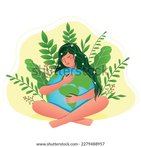 poster for the holiday earth day, a white girl with green long hair hugs the globe against the background of green leaves