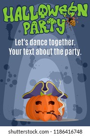 A poster for a holiday party with a pumpkin pirate in a hat. stock image picture