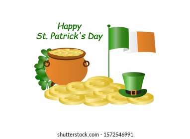 Poster for the holiday of St. Patrick's Day March 17. A leprechaun hat lies on coins, the waving flag of Ireland, a rainbow, a pot of gold, shamrocks. Flat vector illustration isolated on white backgr