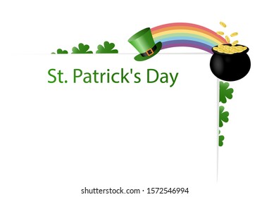 Poster for the holiday of St. Patrick's Day on March 17 with a place for text. Leprechaun hat, rainbow, pot of gold coins with clover, shamrocks. Flat vector illustration isolated on white background.