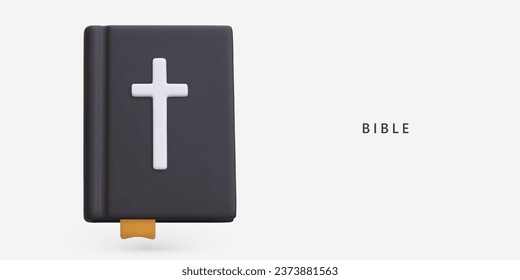 Poster with holy Bible on gray background with place for text. Christianity and law concept. Faith, truth and hope. Vector illustration in 3d realistic style