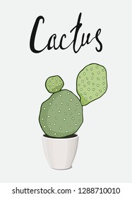 poster home garden plant cute green prickly pear cactus potted and handdrawn lettering