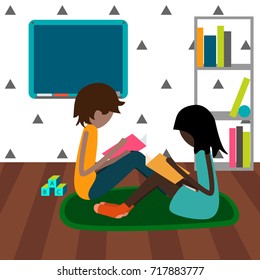 Poster with home school concept in flat style. For print, web, creative design. Vector illustration. 