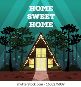 Poster Home sweet home. Cozy triangular wooden house in a dark forest, surrounded by trees and fireflies.