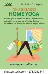 Poster Home yoga template. A slender girl in a tracksuit doing an asana. Online relaxing practice. Advertising classes in the studio of yoga and Pilates. Stock vector flat modern illustration.