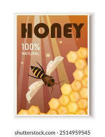 Cartel con miel. Abeja cerca del panal en el colmenar. Postre natural y orgánico y delicadeza. Comer dulce fresco. Tapa o Anuncio. Ilustración vectorial plana aislada sobre fondo blanco