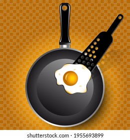 Anuncio o fondo del capó con una ilustración 3D de una sartén y un utensil para servir un huevo frito, sobre un fondo marrón con un patrón geométrico. 